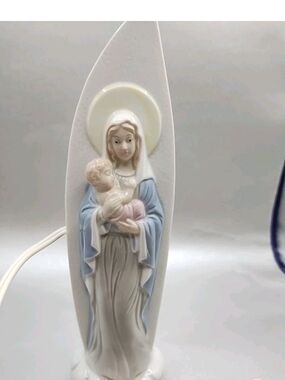 Ceramic Madonna and Child Figurine - Soft Blue and White